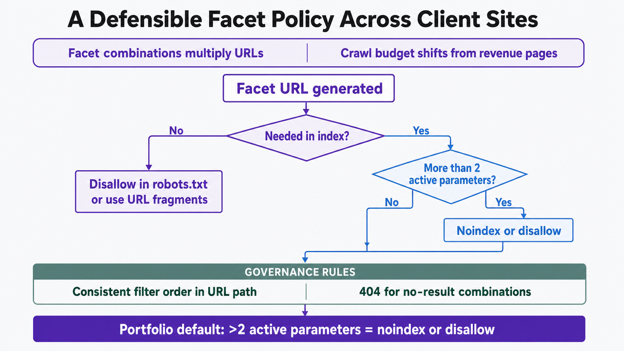 Translate the section's cited decision path for faceted navigation into a scannable process diagram that delivery teams can apply per client, since the section explicitly outlines a step-by-step policy