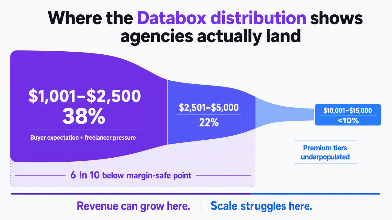 Show the actual distribution of agency monthly retainer bands from the Databox survey, directly supporting the section's core argument that most agencies cluster in the low bands while premium tiers remain underpopulated