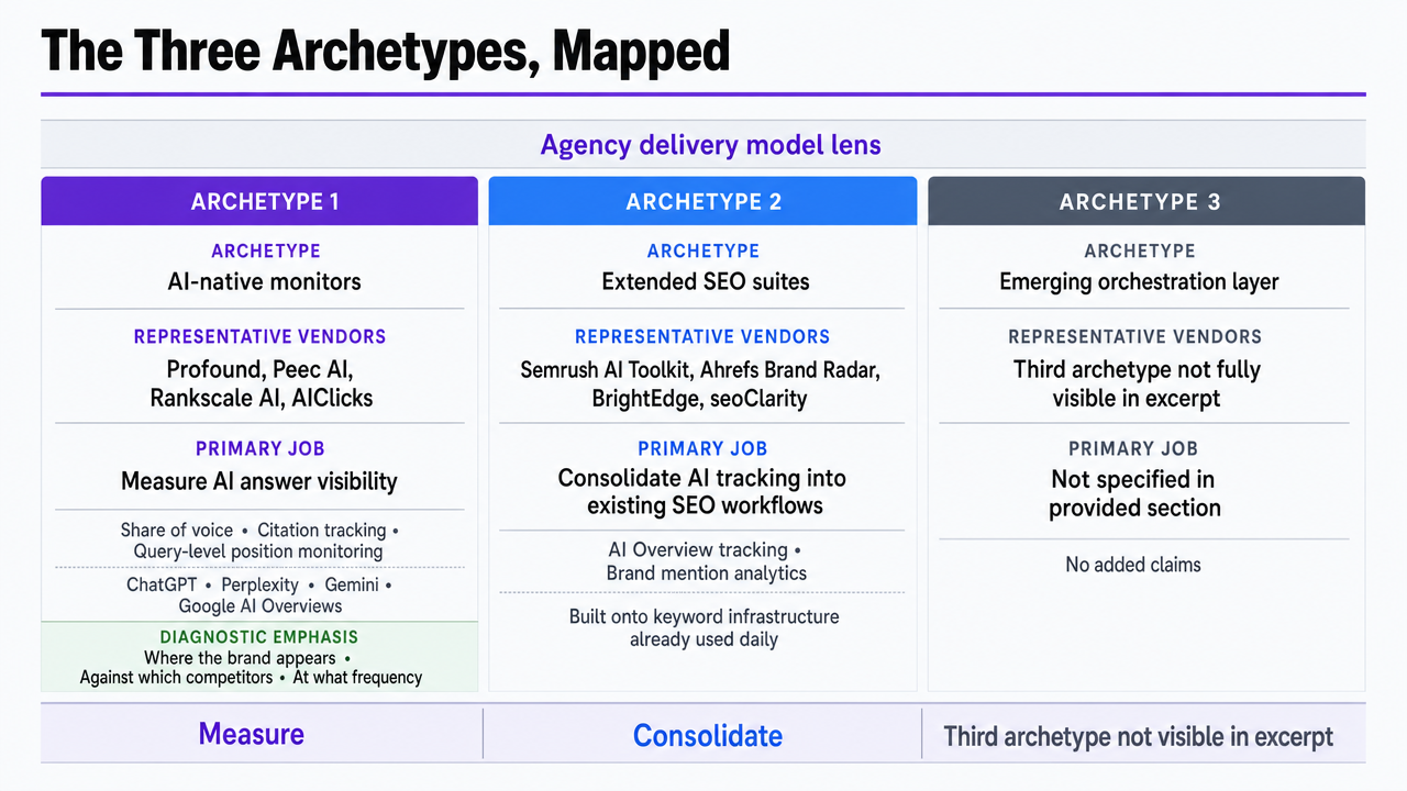 Map the three tool archetypes discussed in this section side-by-side with representative vendors and the primary job-to-be-done for each, mirroring the article's explicit call for this artifact