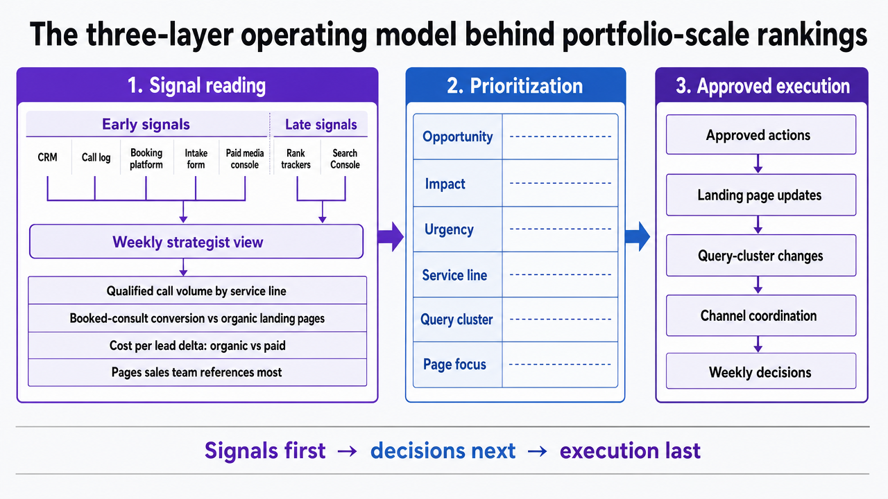 Visualize the three-layer operating model (signal reading, prioritization, approved execution) described as a directed flow in this section