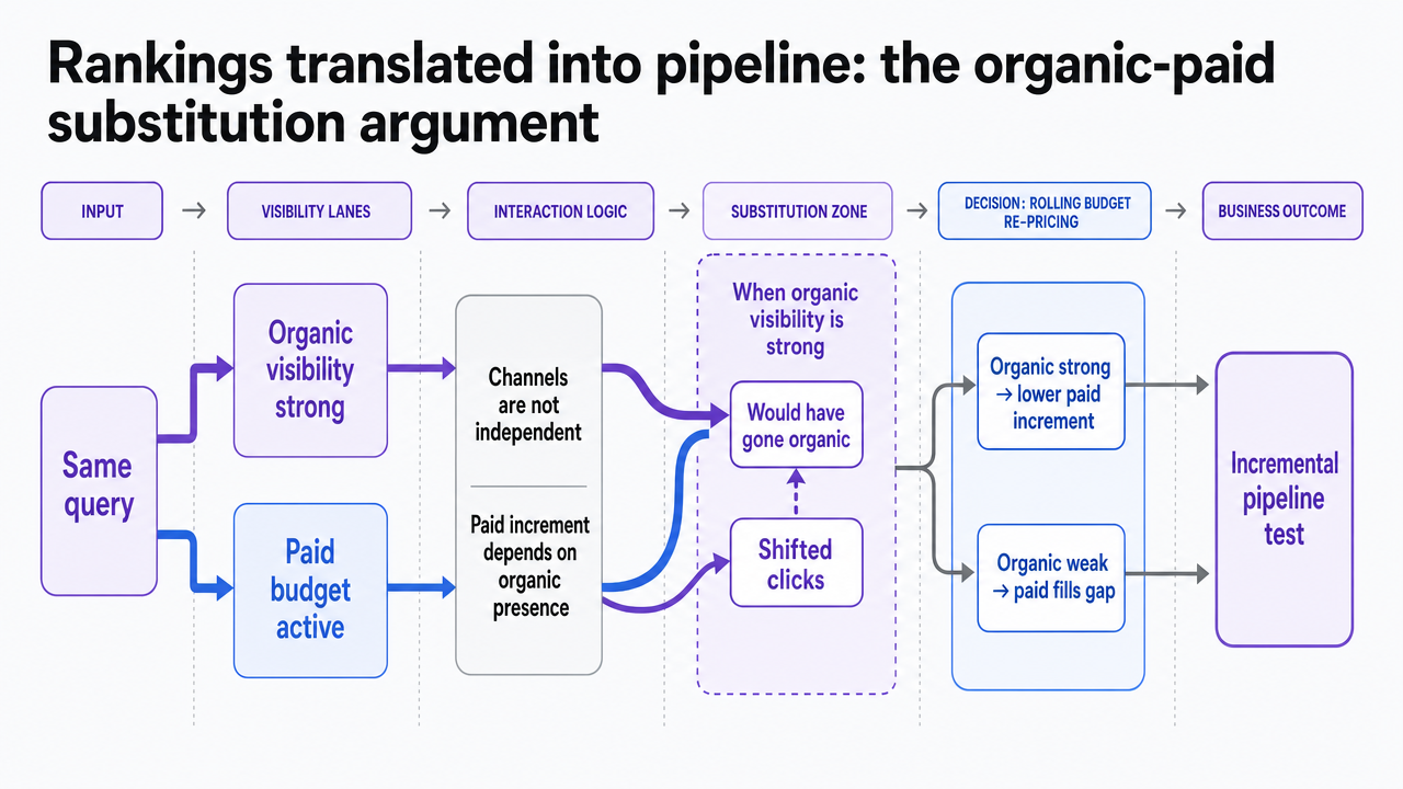 Illustrate the organic-paid substitution logic and the rolling budget re-pricing decision described in this section