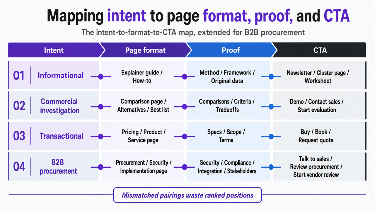 Visualize the four-row intent-to-format-to-proof-to-CTA framework cited in the section, including the B2B procurement extension