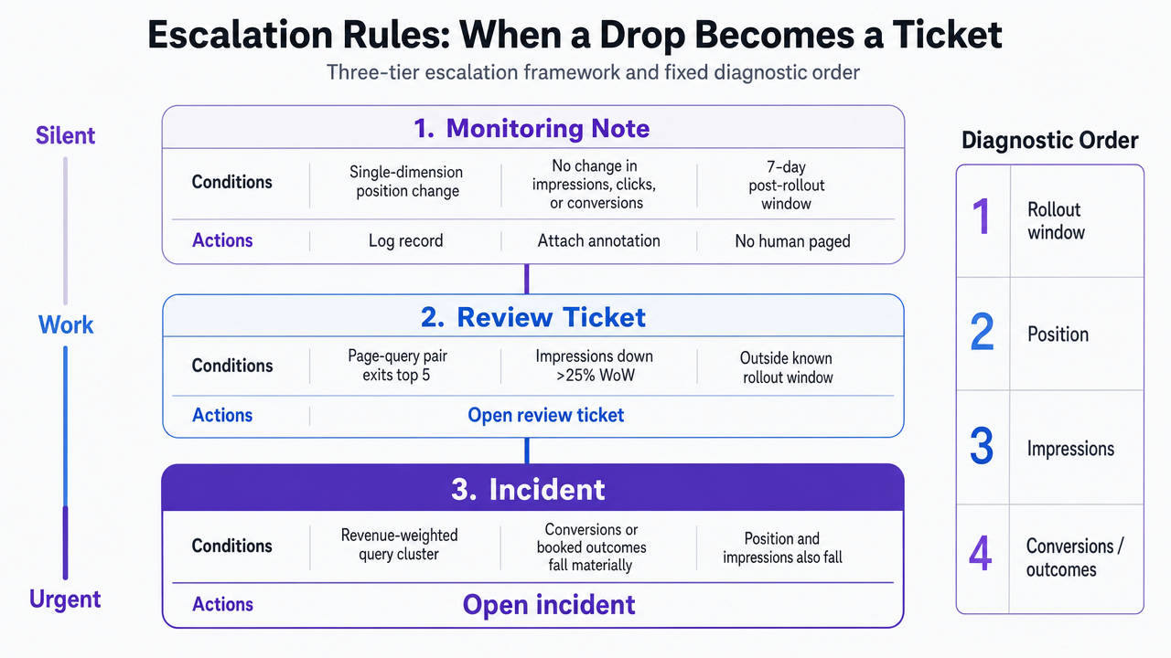 Visualize the three-tier escalation framework (monitoring note, review ticket, incident) with its fixed diagnostic order, since this section defines a governance workflow
