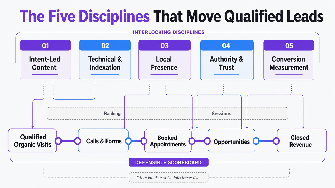 Visualize the five SEO disciplines and the pipeline stage each one influences, matching the article's core framework