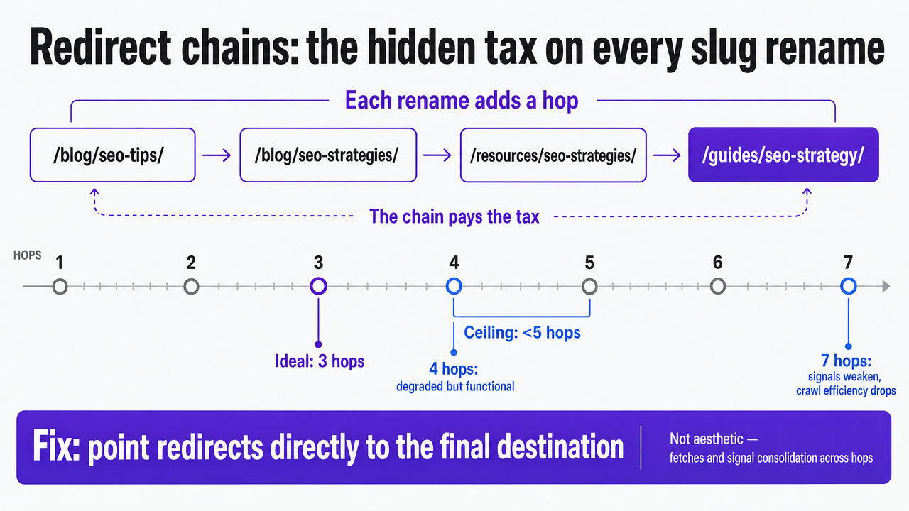 Illustrate the redirect chain concept and the 3-hop ideal / 5-hop ceiling cited from Google's migration guidance, which is stated in the surrounding prose