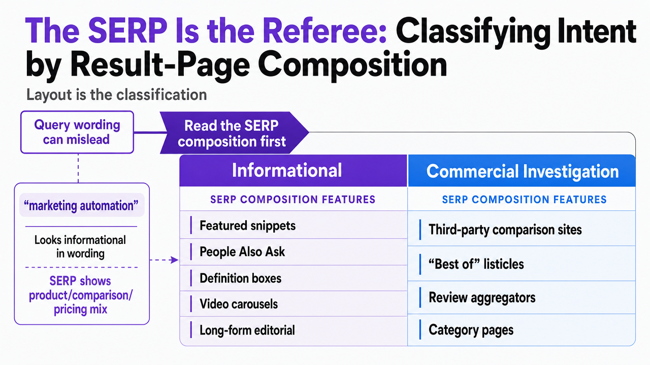 Translate the SERP composition matrix described in the section into a scannable classification reference