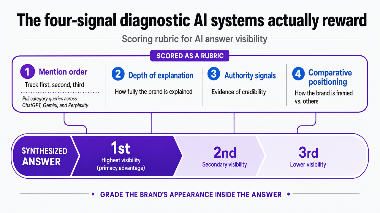 Visualize the four-signal rubric that Search Engine Land identifies as determining AI answer visibility, directly supporting the section's diagnostic framework