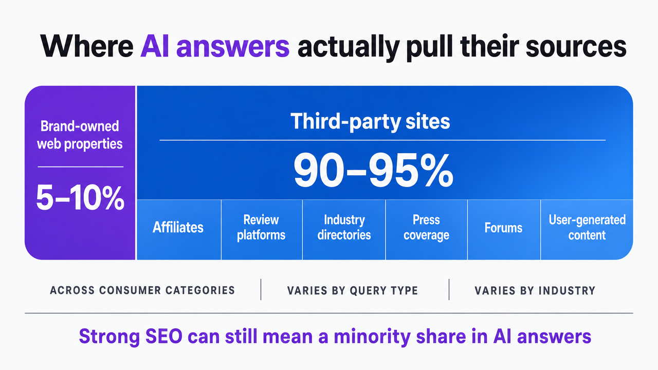 Visualize the McKinsey finding that a brand's own web properties supply only 5-10% of AI answer sources, with 90-95% coming from third-party sites — the exact statistic cited in the section prose