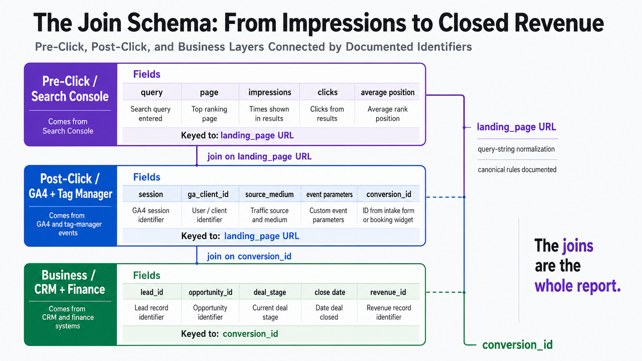 Diagram the three-layer data join (pre-click, post-click, business) connected by documented identifiers, which is the operational backbone the section describes and which the FAQ explicitly references