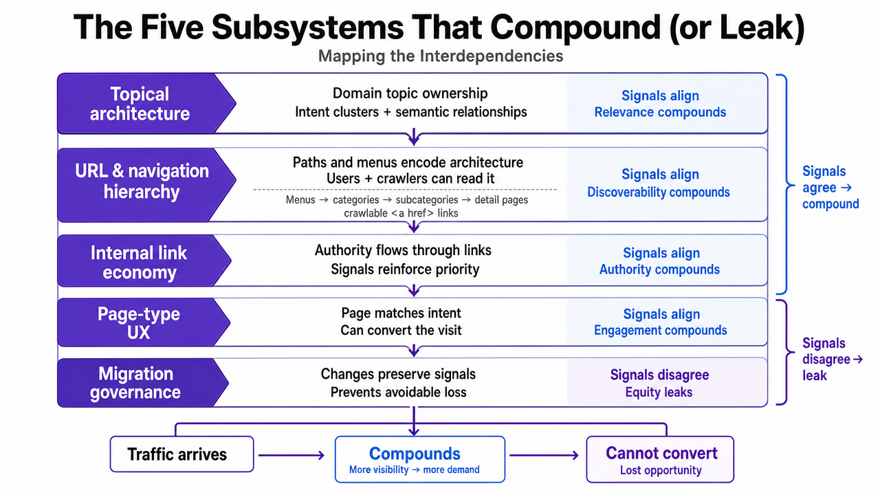 Visualize the five interlocking subsystems and their top-down dependency chain as described in the section