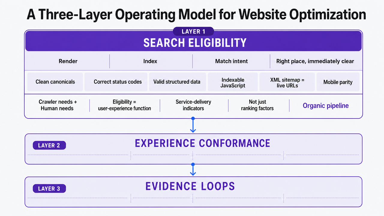 Visualize the three interconnected layers (search eligibility, experience conformance, evidence loops) that structure the article's operating model framework
