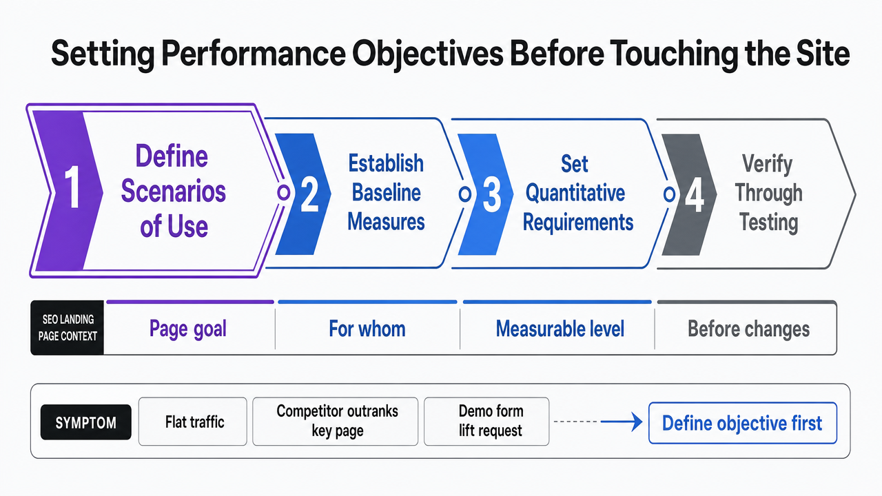 Visualize the four-step NISTIR 7432 sequence cited in this section for defining performance objectives before optimization work