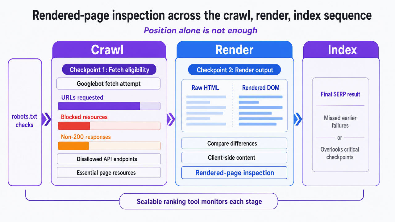 Visualize the three-stage crawl, render, index sequence cited from Google's JavaScript SEO documentation, showing the checkpoints a scalable ranking tool must monitor at each stage