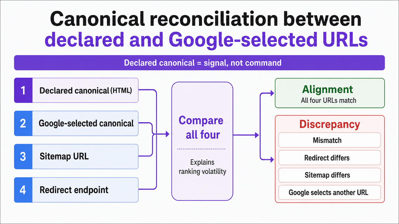Illustrate the four-way canonical reconciliation described in the section (declared canonical, Google-selected canonical, sitemap URL, redirect endpoint) which the ranking tool must compare to explain volatility
