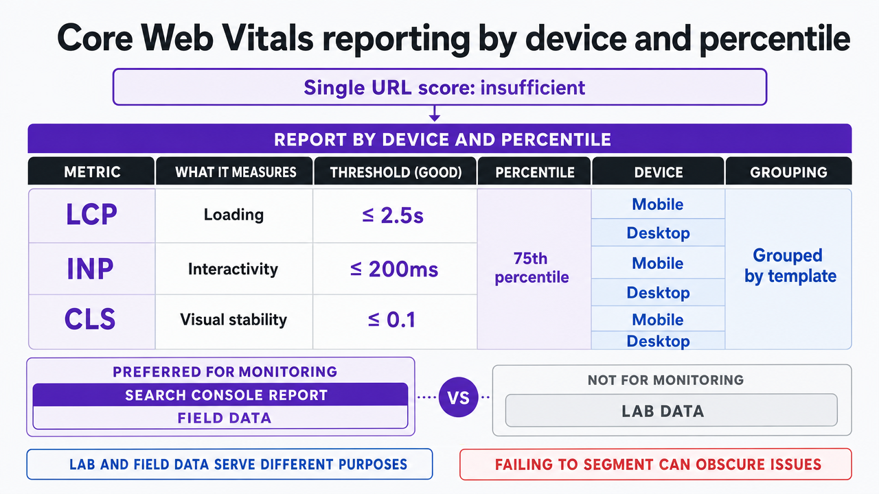 Present the specific Core Web Vitals thresholds cited in prose (LCP ≤ 2.5s, INP ≤ 200ms, CLS ≤ 0.1 at 75th percentile) so the numbers in the visual match the numbers in the section