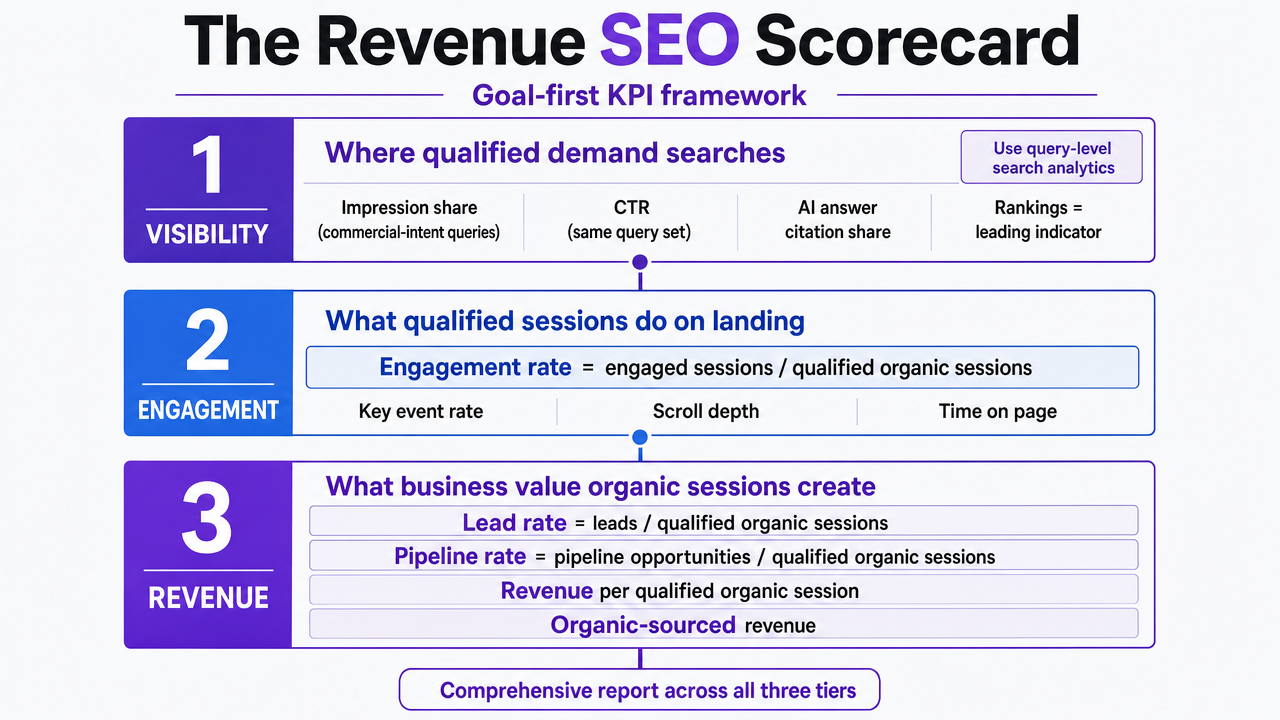 Visualize the three-tier scorecard framework (Visibility, Engagement, Revenue) that structures the entire measurement model described in this section, including the specific KPIs and formulas cited in the prose