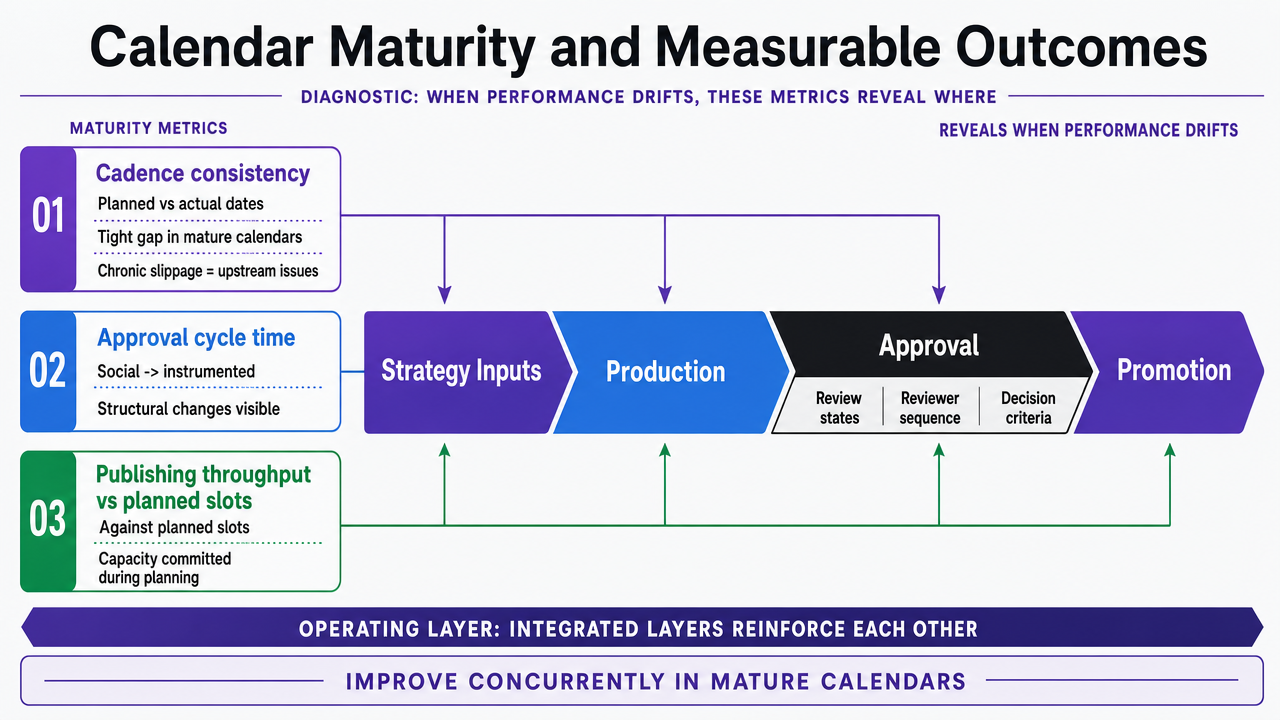 Show the diagnostic relationship between the three maturity metrics and which calendar layer they reveal when performance drifts