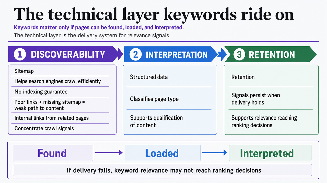 Visualize the three-stage technical pipeline (discoverability, interpretation, retention) the section walks through, matching the prose structure