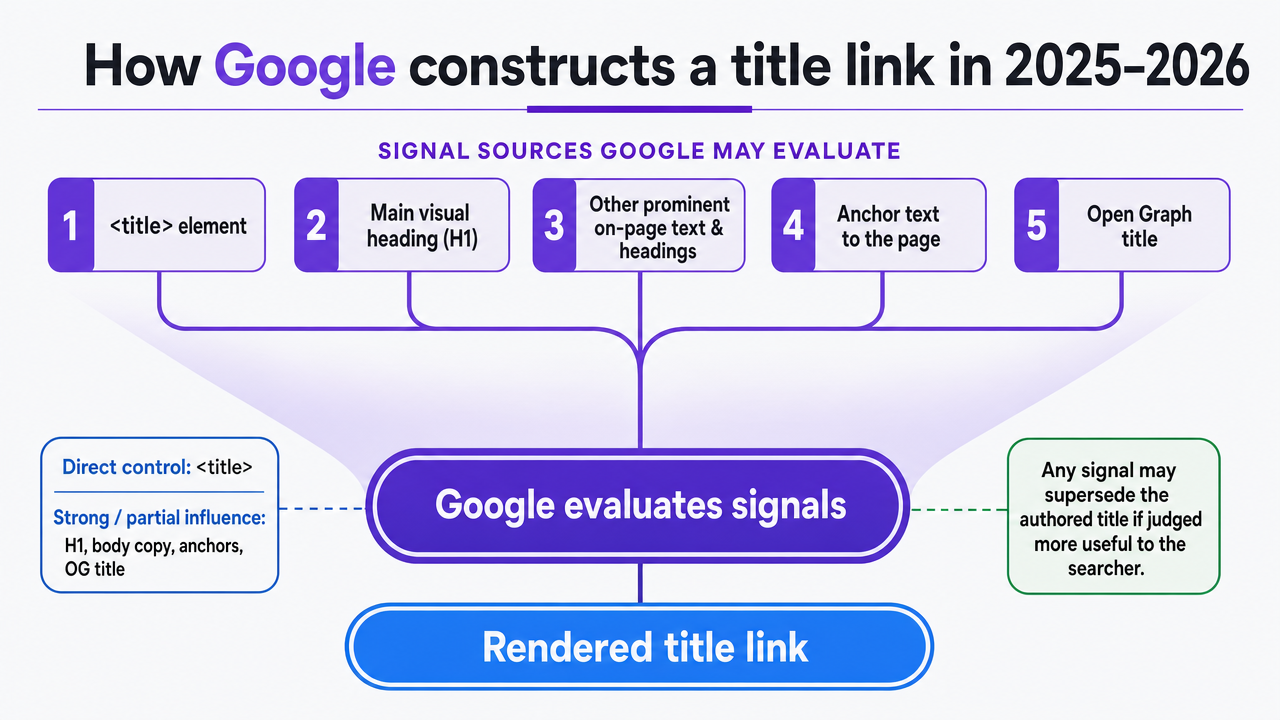 Visualize the five signal sources Google evaluates when constructing a title link, directly supporting the section's cited framework