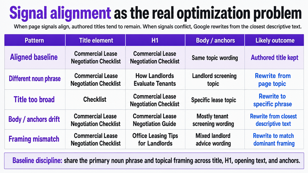 Visualize the four anti-patterns and their corresponding Google rewrite responses as a comparison table, directly supporting the cited section content