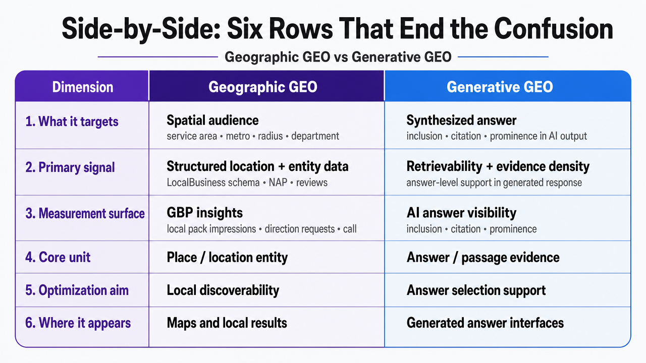 Visualize the six-row comparison table distinguishing Geographic GEO from Generative GEO, which is the central disambiguation of the article