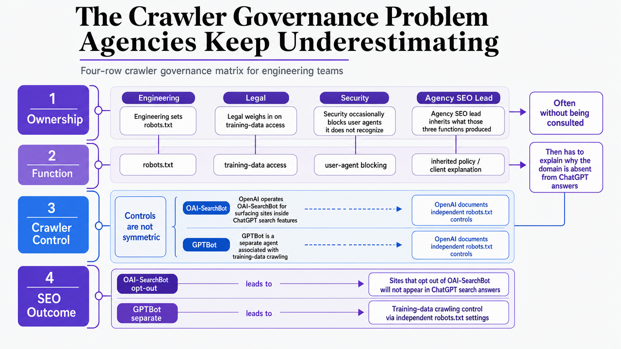 Visualize the four-row crawler governance matrix the article explicitly recommends handing to engineering teams
