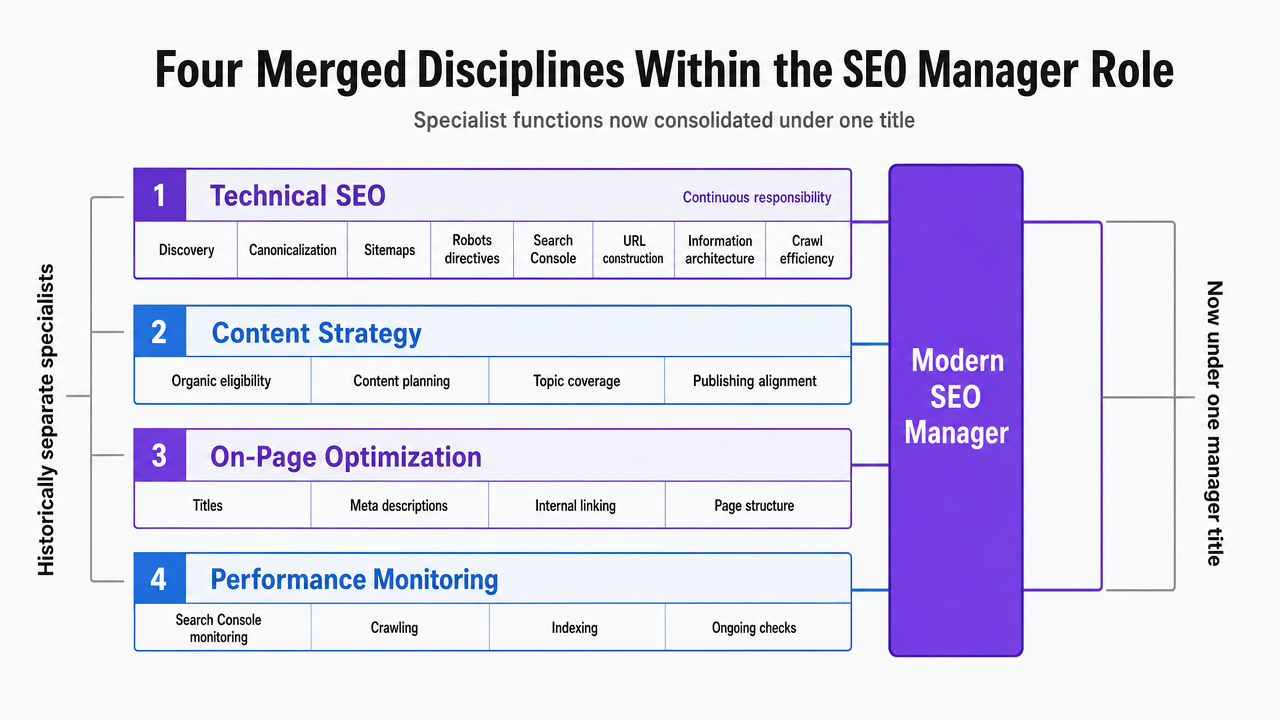 Visualize the four consolidated disciplines that now sit under the modern SEO manager title, directly supporting the section's core comparison framework
