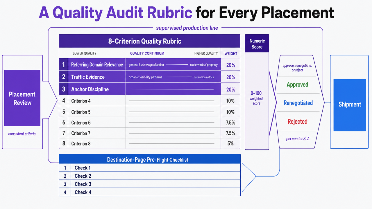 Visualize the eight-criterion quality rubric and the four-item destination-page pre-flight checklist as a governance framework that gates placements before shipment
