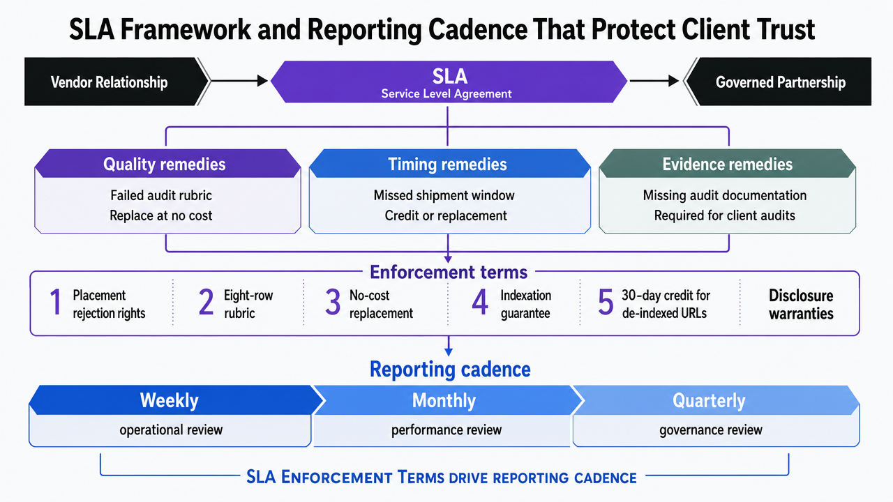 Show the SLA enforcement terms and the tiered weekly/monthly/quarterly reporting cadence as one governance flow supporting the section's operating plan