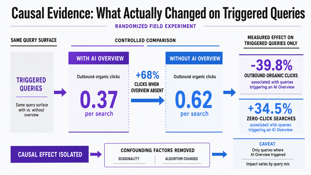 Visualize the causal click impact of AI Overviews on triggered queries, directly supporting the section's core statistics