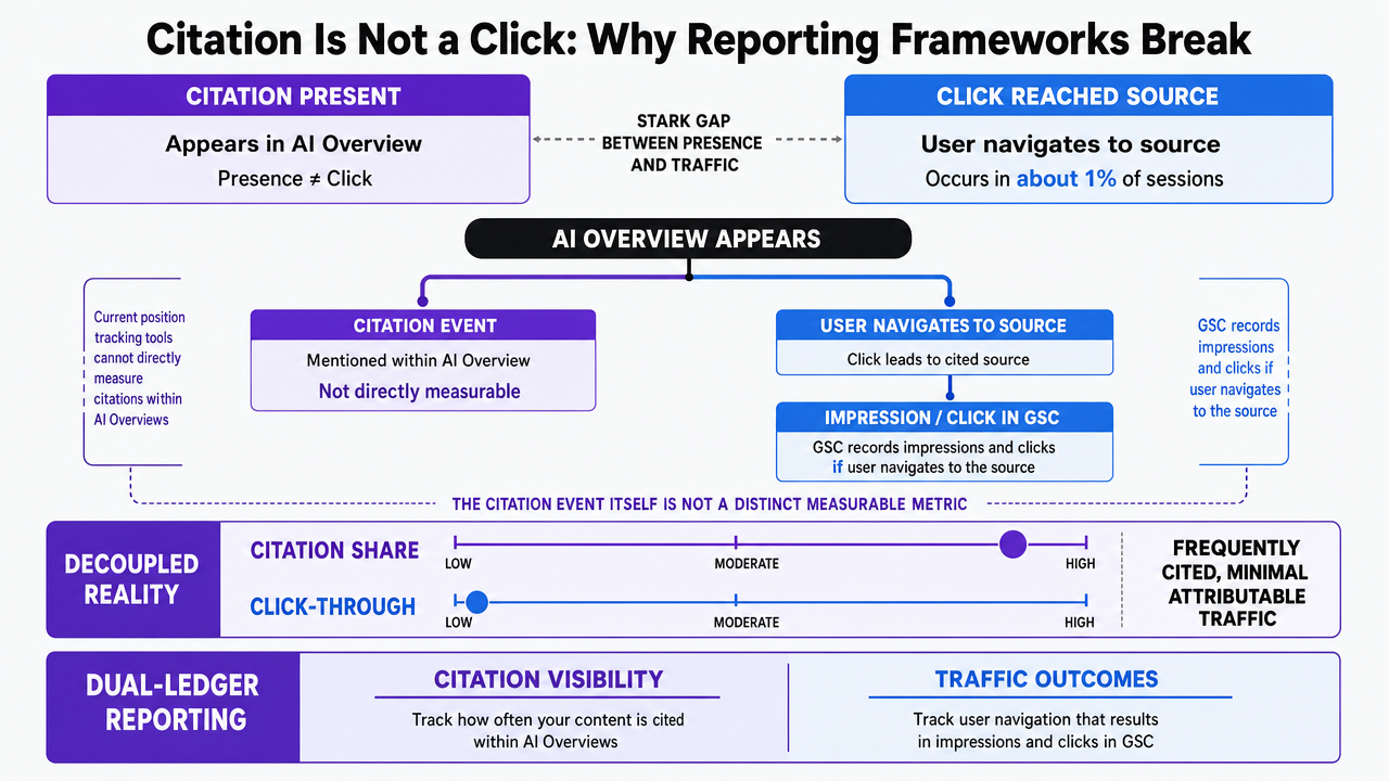 Illustrate the stark gap between citation presence and actual click-through, reinforcing the section's argument for dual-ledger reporting