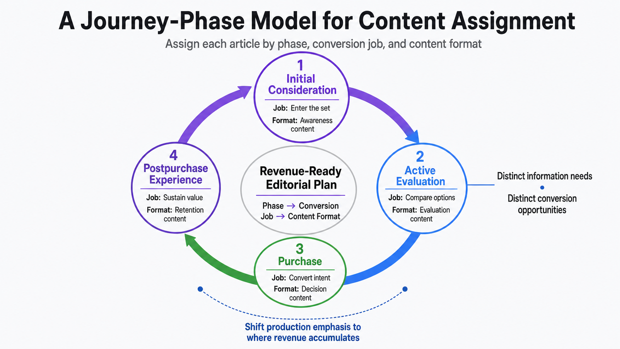 Visualize the four-phase decision journey framework that anchors the section's content assignment model, showing each phase with its conversion job and content format