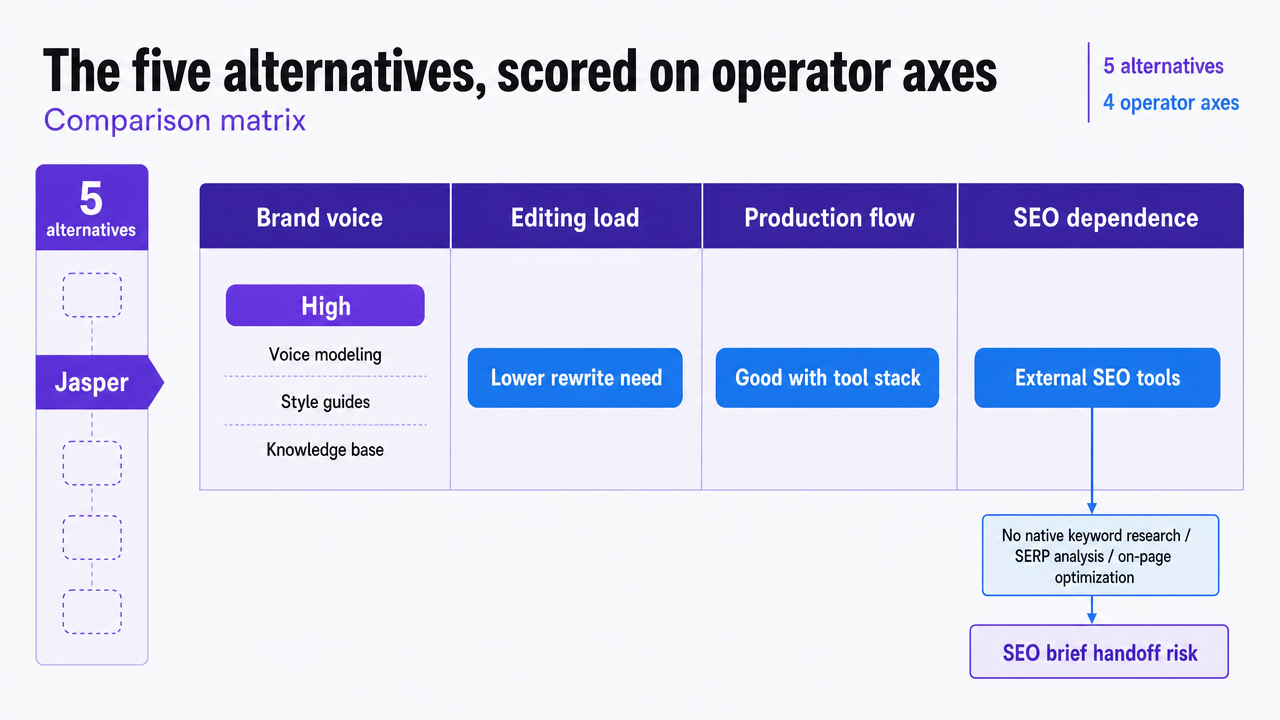 Provide a comparison matrix scoring the five alternatives across the four operator axes established in the previous section, directly supporting the detailed subsections that follow